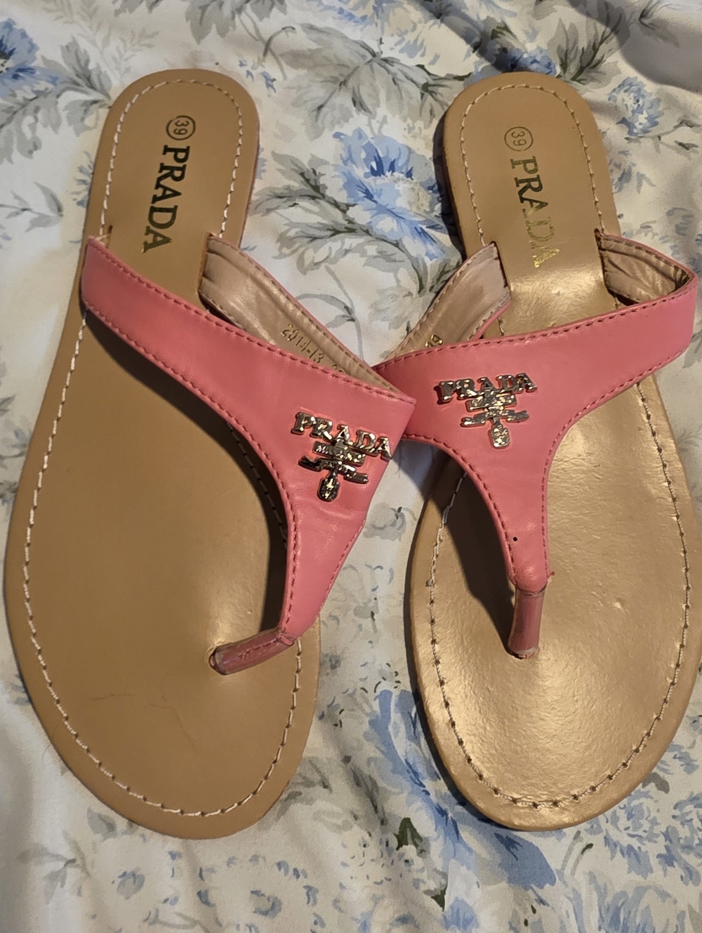 PRADA Coral Pink Leather Logo Thong Sandals